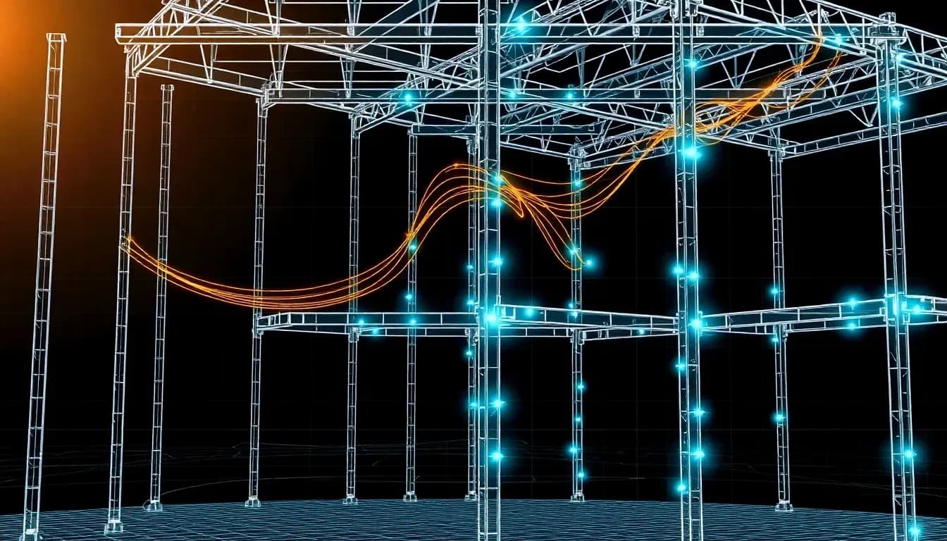 Mitre Wharf structural steel frame — RC frame with columns, beams, and floor plates with cyan joint indicators and amber energy-flow streams representing data propagation through the Clockwork Engine analysis pipeline
