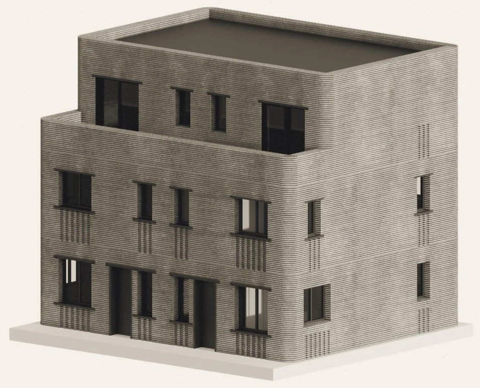 Design-development render of a three-storey housing block with textured printed-concrete walls and windows.