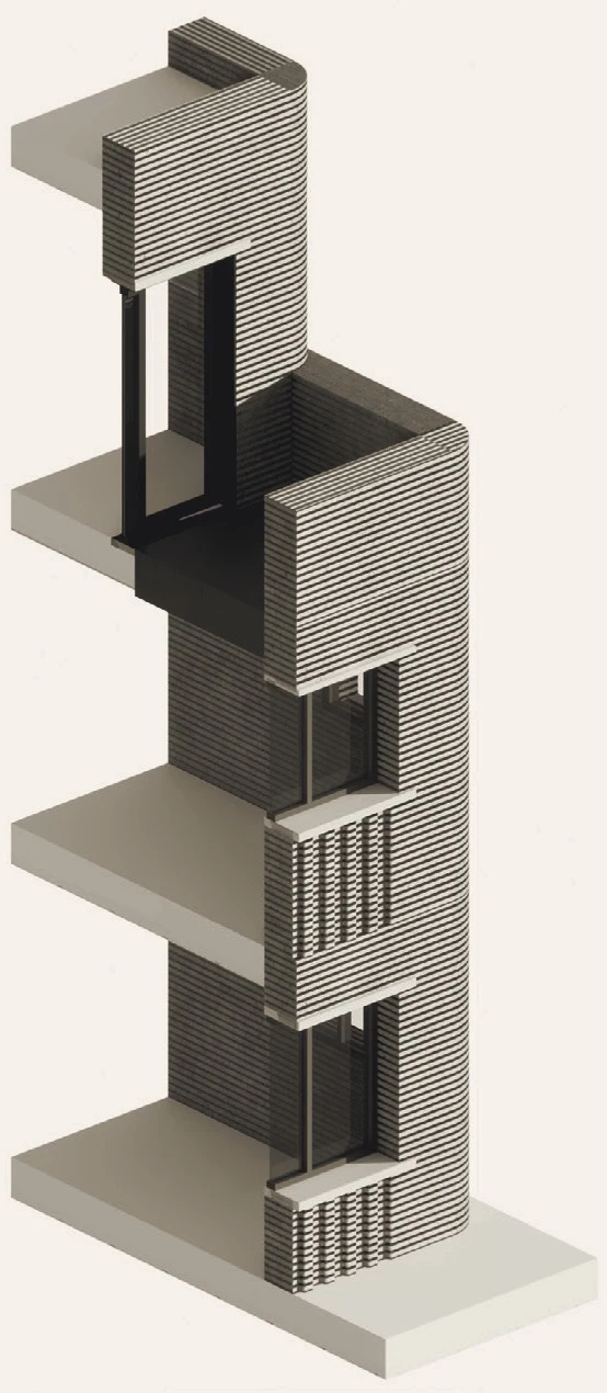 Design-development cutaway render through a multi-storey printed-concrete housing concept showing floor plates and walls.