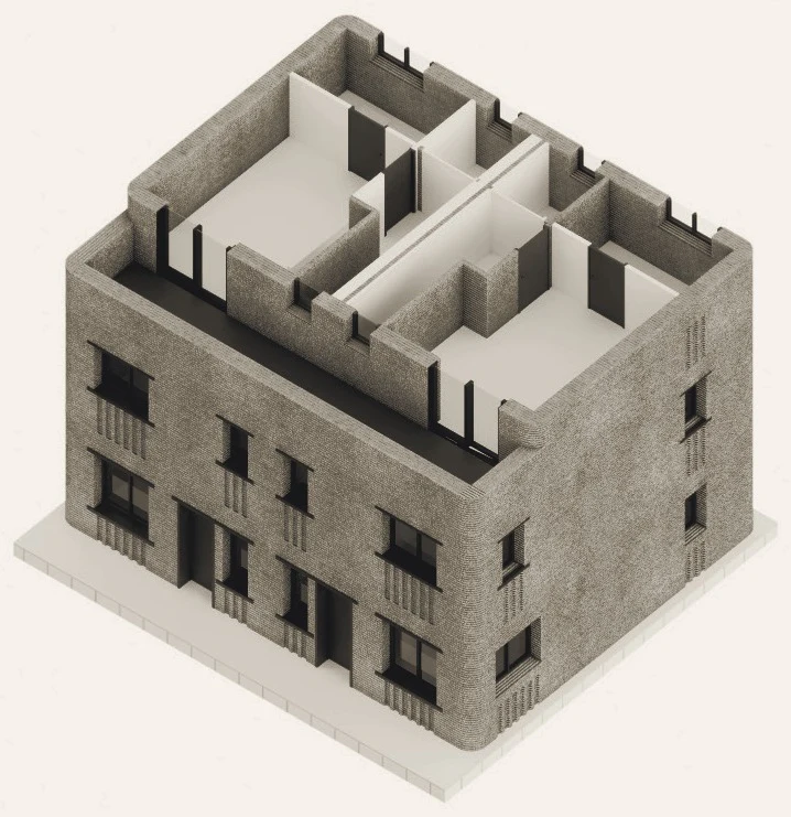 Design-development axonometric render of a printed-concrete housing concept with internal walls and floor layout.