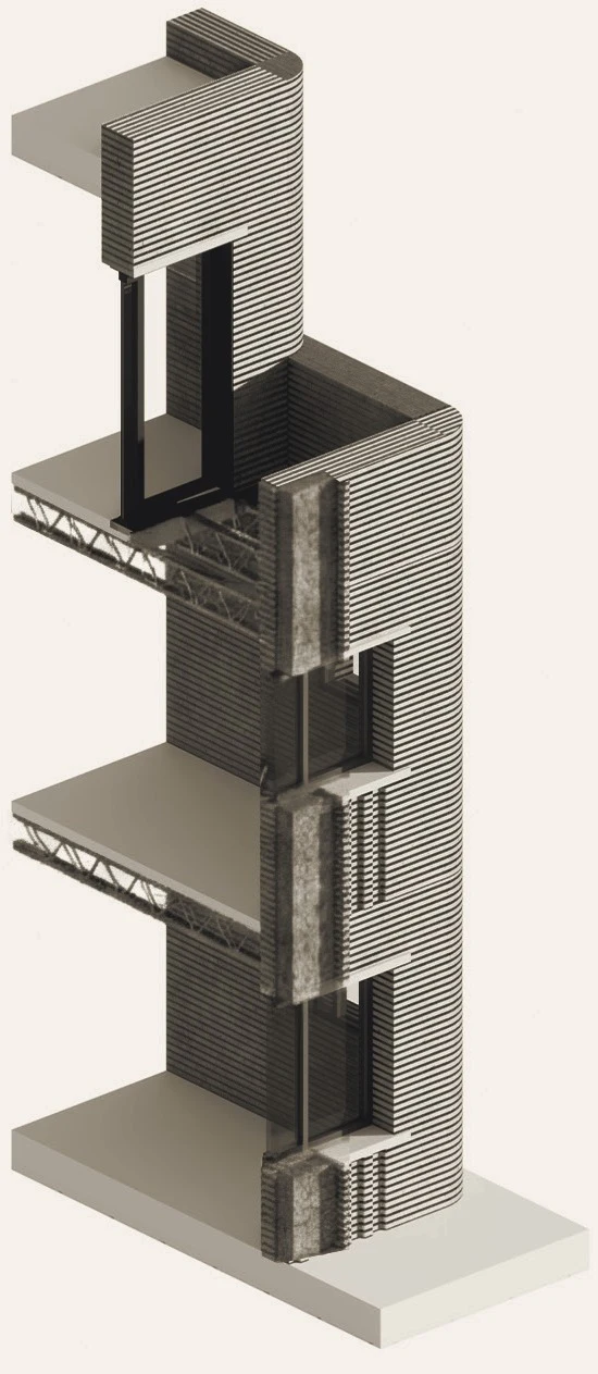 Design-development section render through a multi-storey printed-concrete housing concept, with structural cut lines.