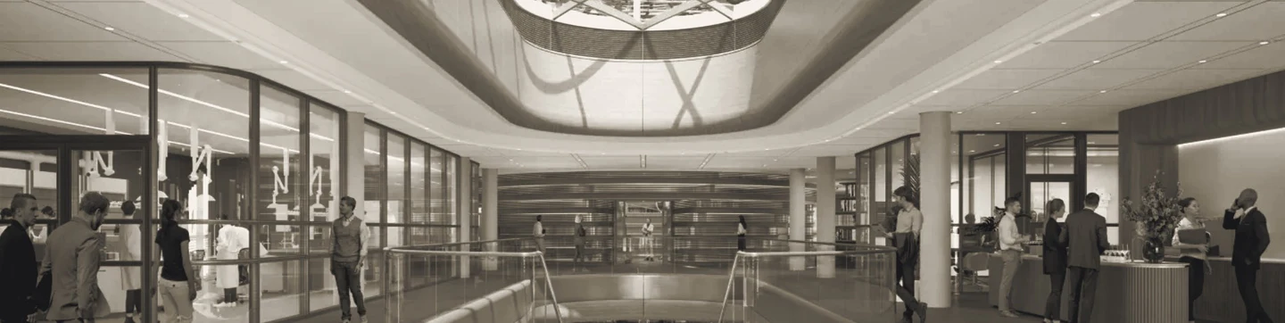 Interior entrance lobby with a sculptural ceiling, reception desk and people at the Ellison Institute for Transformational Medicine.