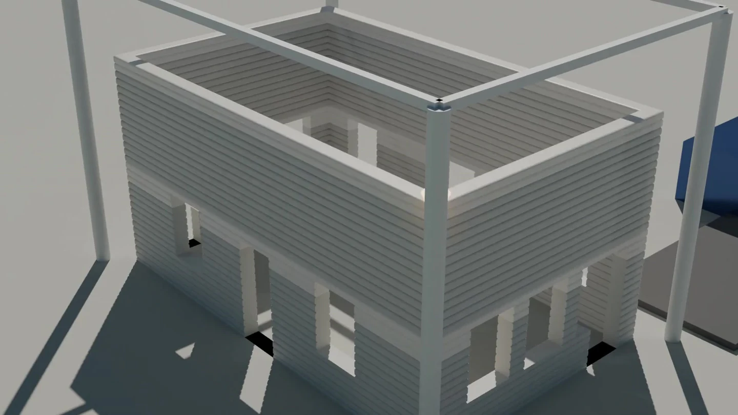 The printing rig laying concrete layers during a full-scale trial.