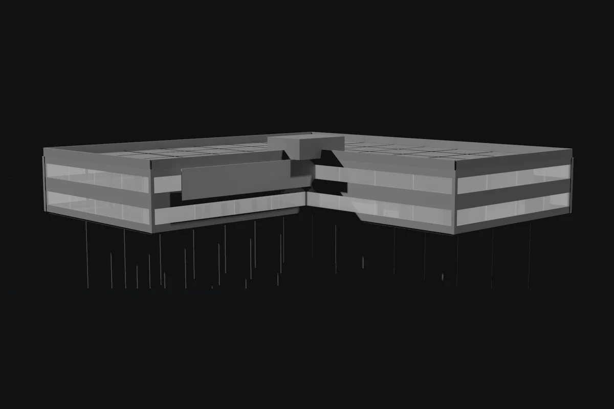 L-shaped school building form on a piled substructure.