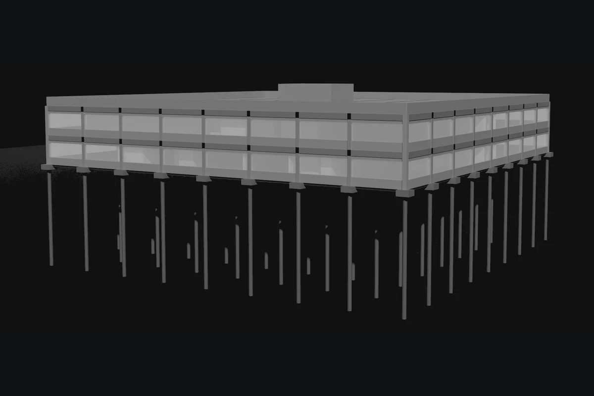 Two-storey square school building form on a piled substructure.